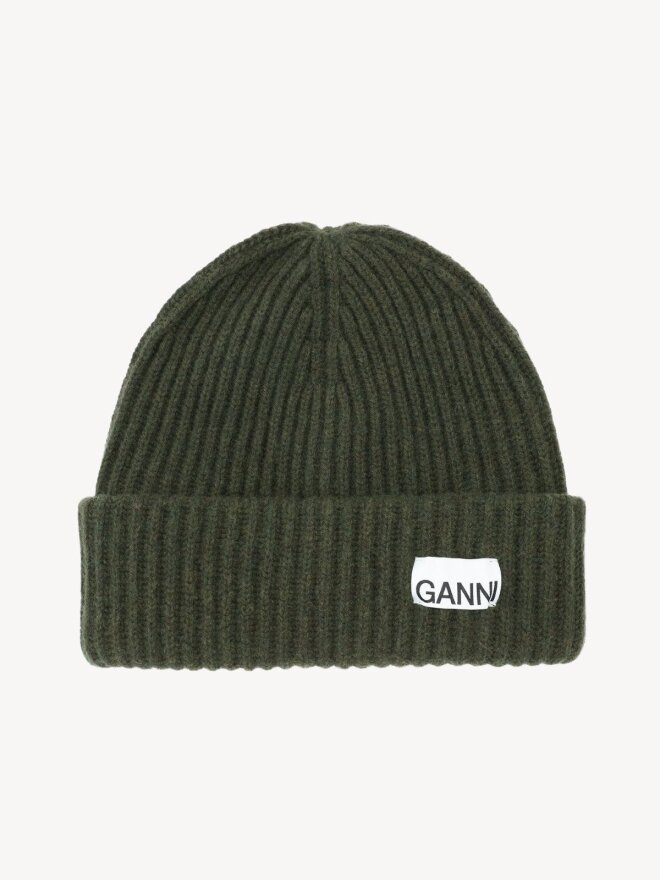 Ganni - OVERSIZED WOOL RIB KNIT BEANIE KALAMATA