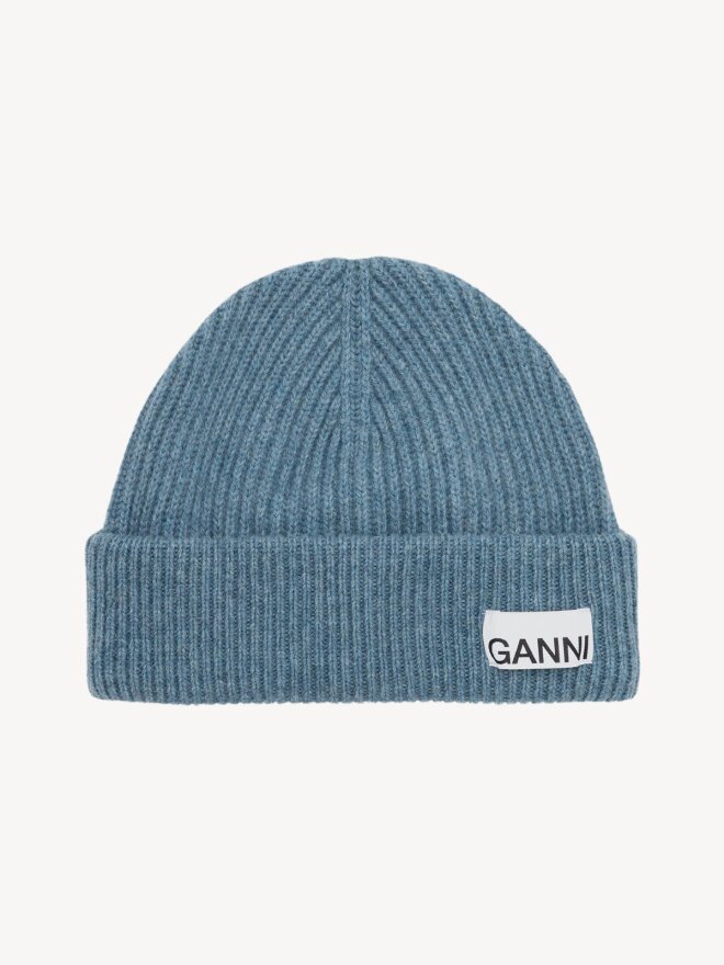 Ganni - FITTED RIB KNIT WOOL BEANIE DUSTY BLUE