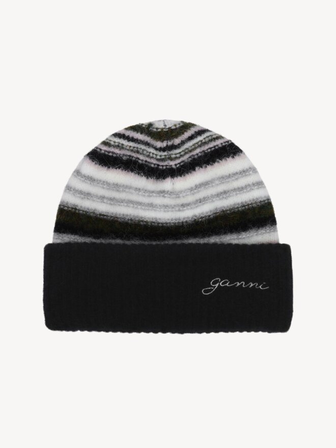 Ganni - SOFT WOOL BEANIE BLACK STRIPED